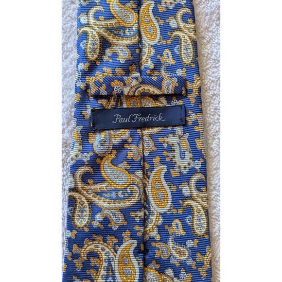 Paul Fredrick Blue & Yellow/Gold Paisley Silk Hand Tailored Tie, - Picture 3 of 4